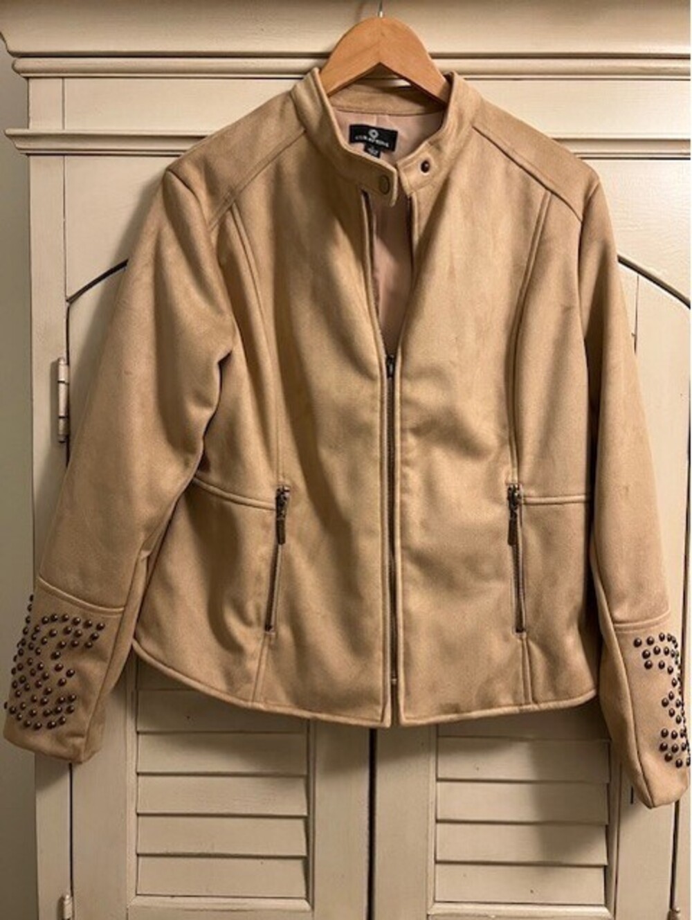 Curations Beige Studded Faux Suede Moto Jacket - Size Large